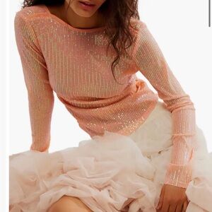 NWT FREE PEOPLE Unapologetic Sequin Long Sleeve Sparkly Top Peach size M